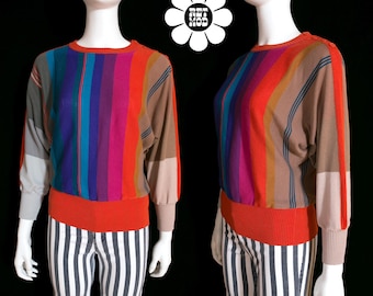 Colorful Vintage 70s 80s Rainbow Stripe Pullover Batwing Sweater