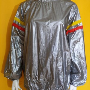 Rad Vintage 80s Gray Rain / Warm-Up Pullover Vinyl Jacket Top with Red Yellow Stripes image 2