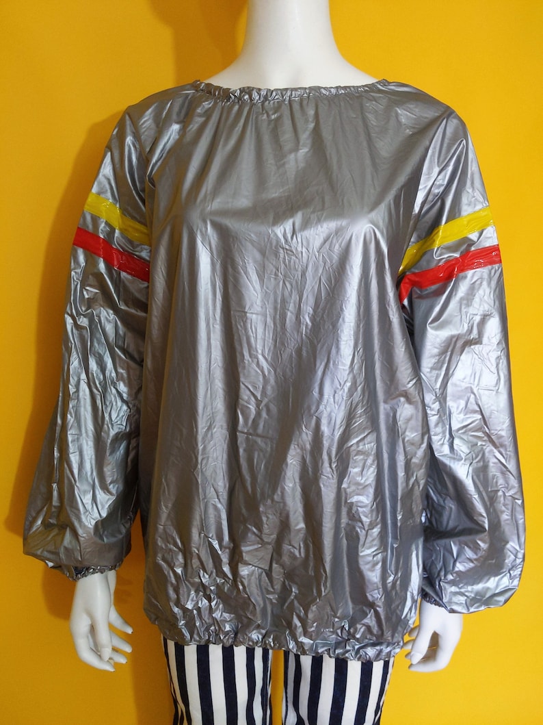 Rad Vintage 80s Gray Rain / Warm-Up Pullover Vinyl Jacket Top with Red Yellow Stripes image 2