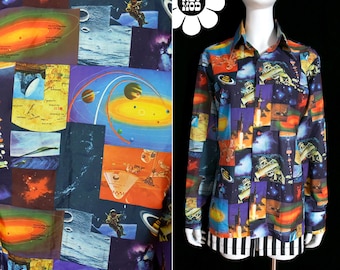 Outrageous Space Odyssey Scenes Novelty Print 70s Long Sleeve Collared Shirt