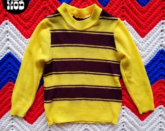 KIDS SIZE - Cute Vintage 60s 70s Bright Yellow Brown Stripe Soft Sweater