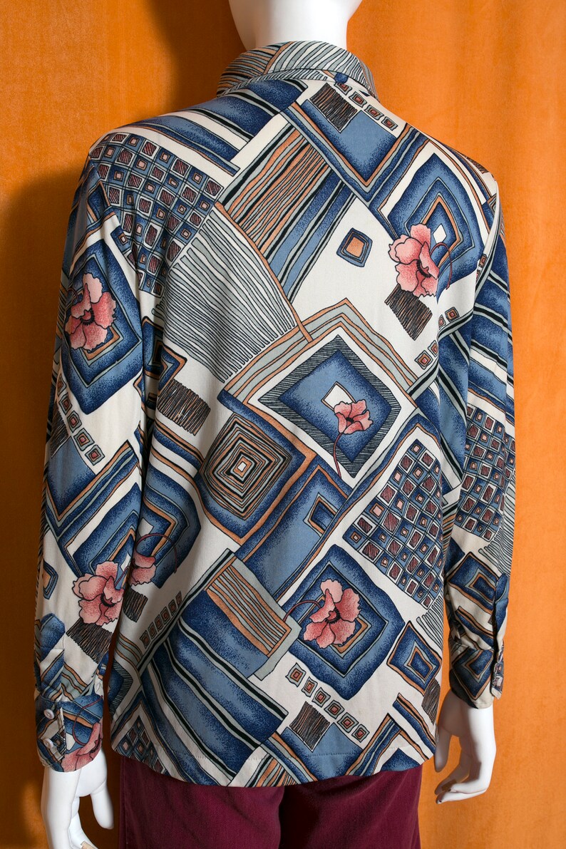 Unique Vintage 70s Blue Brown Abstract Patterned Long Sleeve Collared Shirt image 8
