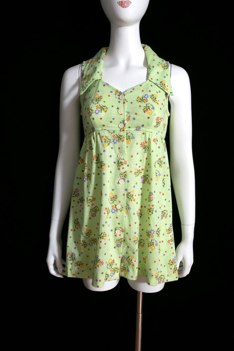 Fantastic Vintage 60s 70s Pastel Green Floral Mini Dress with Large Collar by Byer California image 5