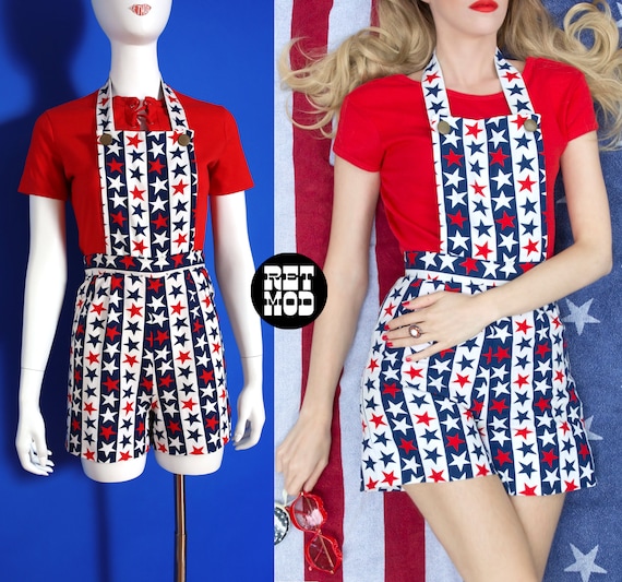 AMAZING Vintage 60s 70s Red White Blue Stars Overa