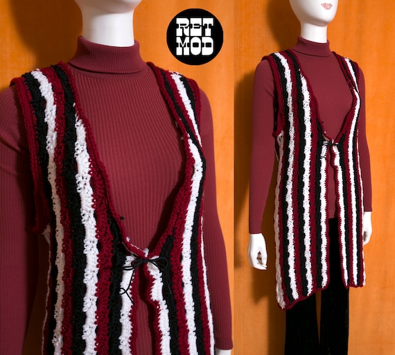 Retro Vintage 70s Maroon Black White Stripe Croch… - image 1