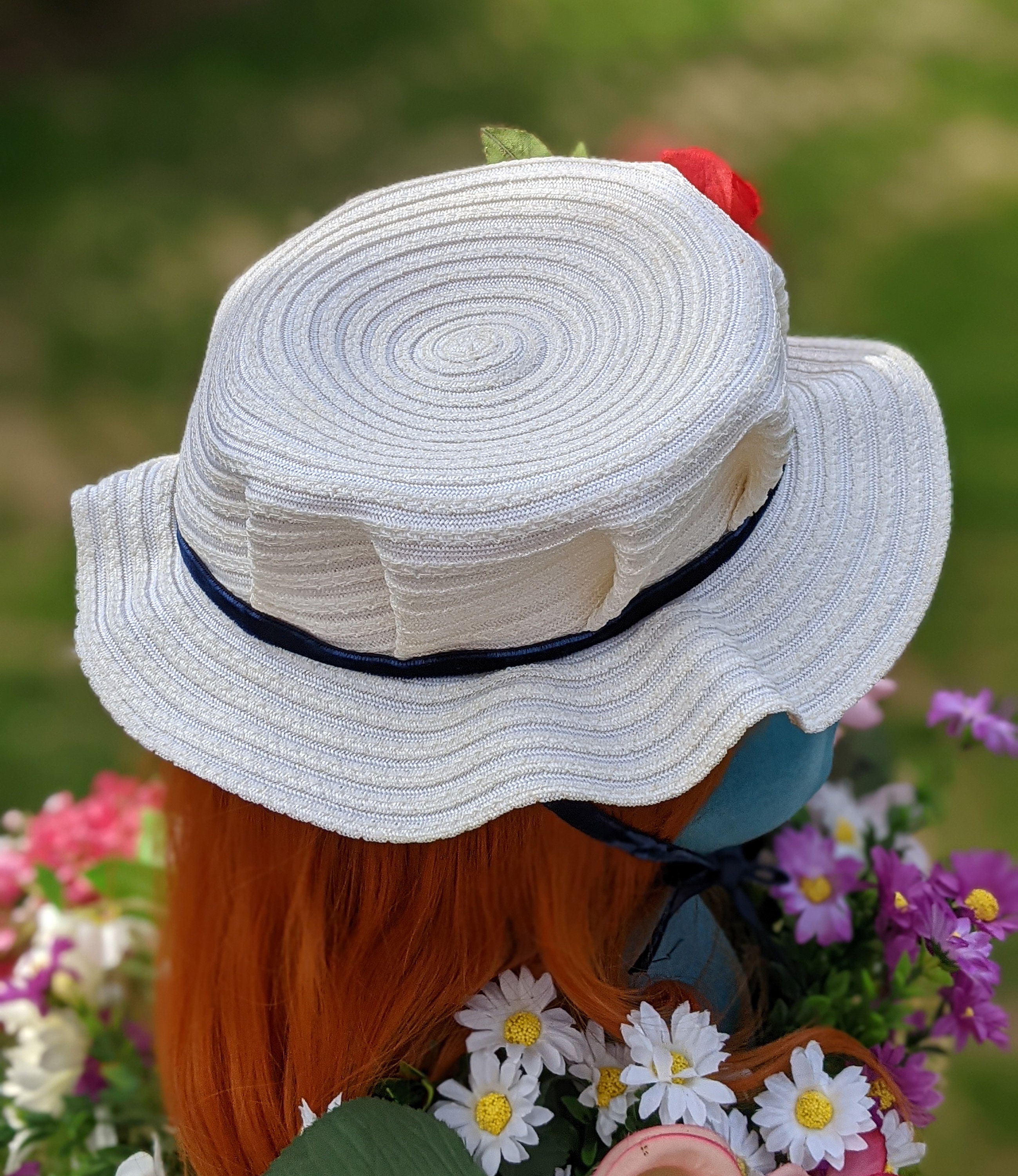 Vintage 1950s white straw hat with navy blue ribbon and white flowers She Had That Look About Her - Vintage 1930s 1940s Classic  main image 3