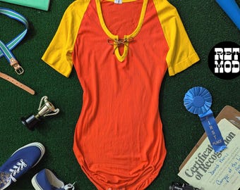 Amazing Vintage 60s 70s Orange Yellow Color Block Danskin Large Bodysuit