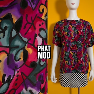 Bold Graphic Vintage 90s Magenta Purple Green Yellow Graffiti Style Geometric Pattern Lightweight Short Sleeve Shirt Blouse Top