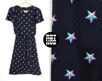 Pretty Vintage 70s 80s Black Elastic Waist Dress with Stars