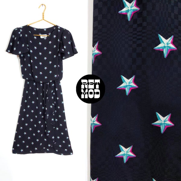 Pretty Vintage 70s 80s Black Elastic Waist Dress with Stars