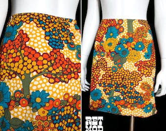 Lovely Vintage 60s 70s Orange Blue Floral Tree Novelty Print Mini Skirt