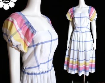 Sweet Vintage 60s 70s White Blue Yellow Pink Plaid Cotton Fit & Flare Dress by Vicky Vaughn