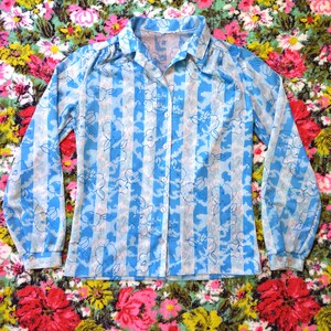 Vintage 70s 80s Pretty Blue Floral Stripe Print Blouse image 2