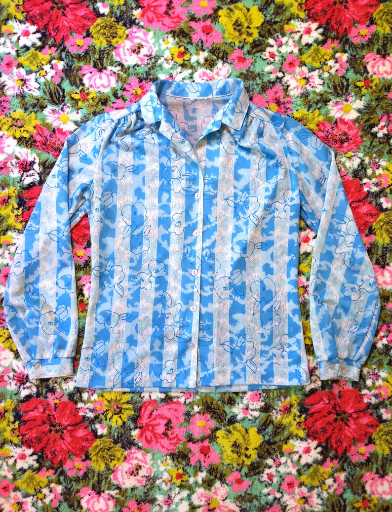 Vintage 70s 80s Pretty Blue Floral Stripe Print Blouse image 2