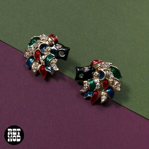 Chic Vintage 80s 90s Black Lion Head Earrings with Rhinestones & Red, Green and Blue image 8