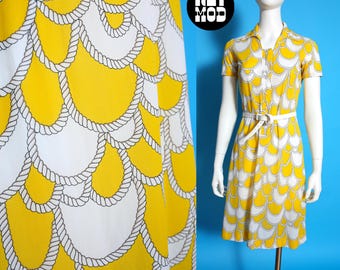 Sexy Italian Vintage 70s Yellow White Rope Scallop Novelty Print Short Sleeve Dress