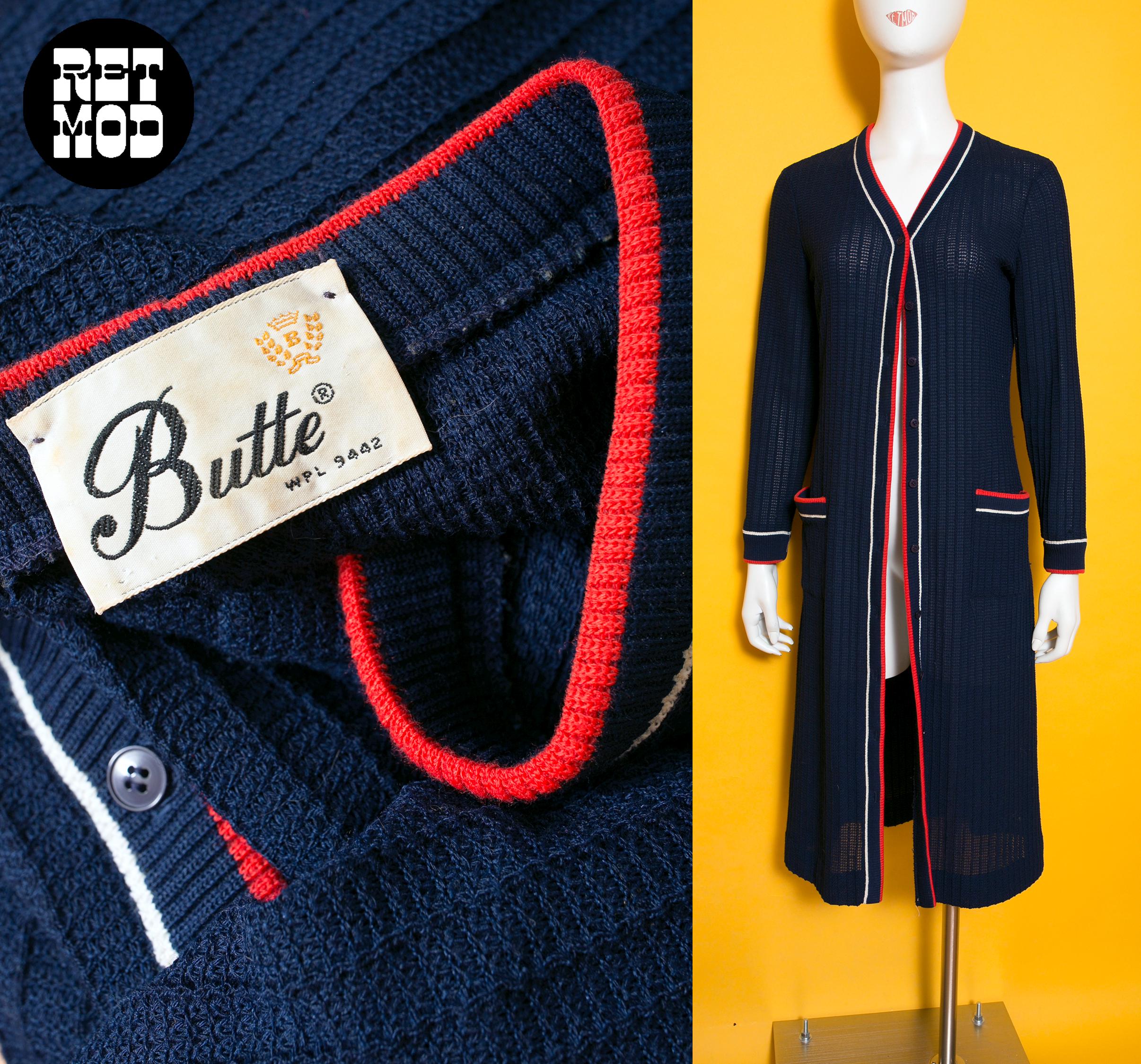 Chic Vintage 60s 70s Navy Blue Sweater Dress OR Long Cardigan With 