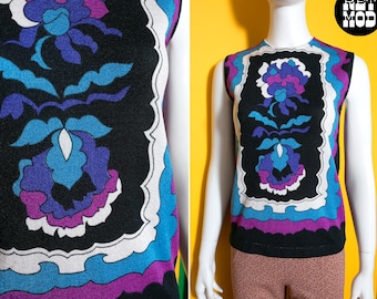 Insane Statement Vintage 60s 70s Purple Blue Psychedelic Sleeveless Knit Top