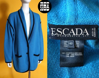 Vintage 90s Escada Blue & Black Trimmed Pop Art Oversized Sweater Cardigan with Pockets
