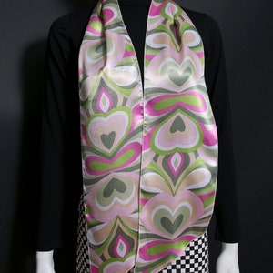 Shiny Satin Pastel Pink Green Hearts Retro Style Long Scarf image 4