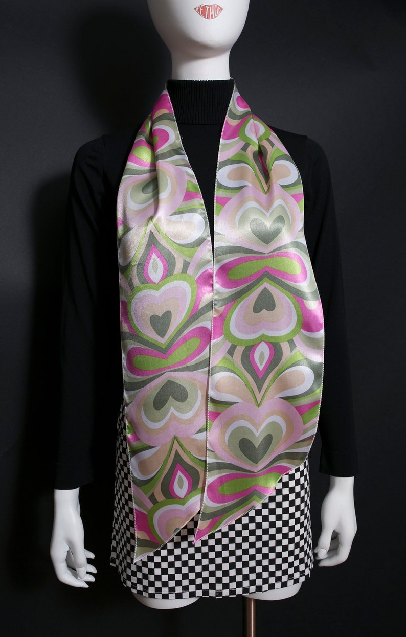 Shiny Satin Pastel Pink Green Hearts Retro Style Long Scarf image 4