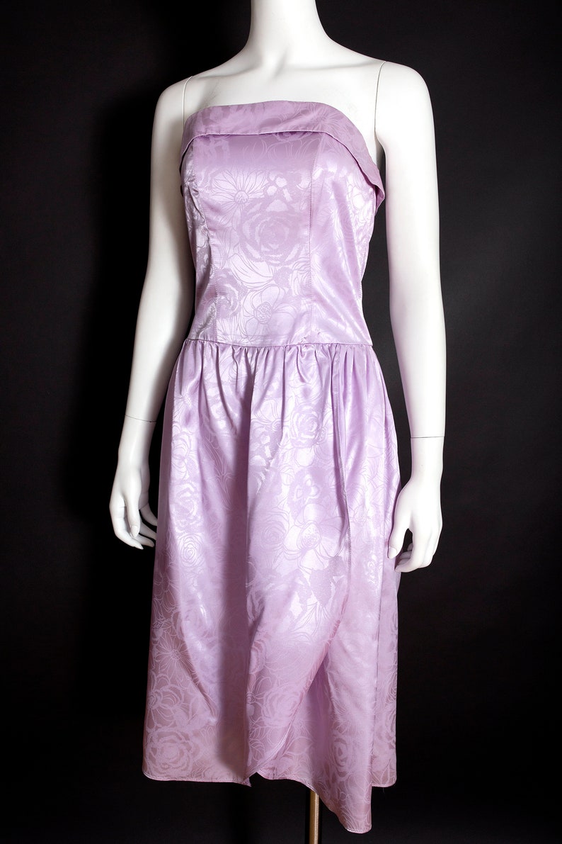 Lovely Vintage 90s Light Purple Shiny Floral Strapless Party Dress image 2