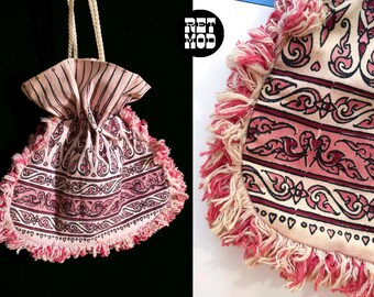 Interesting Vintage 60s 70s Pink Woodblock Printed Paisley Drawstring Top Handle Purse Handbag