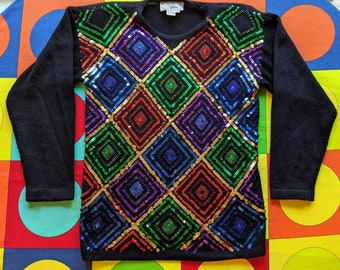 Beautiful Vintage 80s 90s Rainbow Sequin Beaded Long Black Sweater