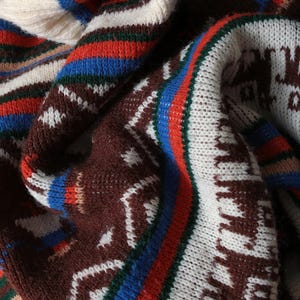 May include: Close-up of a folded, patterned sweater. The sweater features a repeating geometric design in brown, white, blue, red, and green. The knitwear has a textured appearance, with a cream-colored collar.