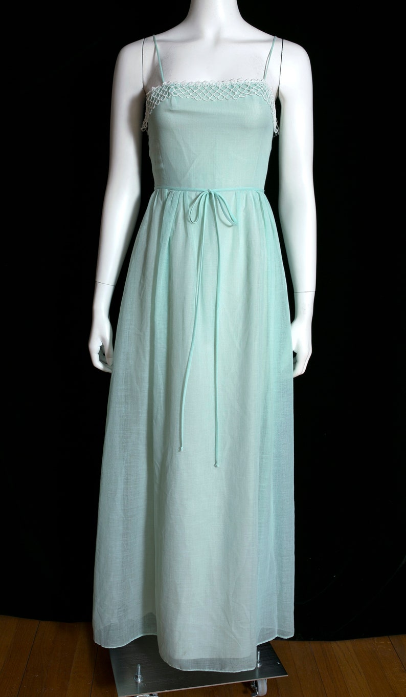 Lovely Vintage 70s Light Minty Green Cotton Maxi Dress with Pretty White Trim image 4