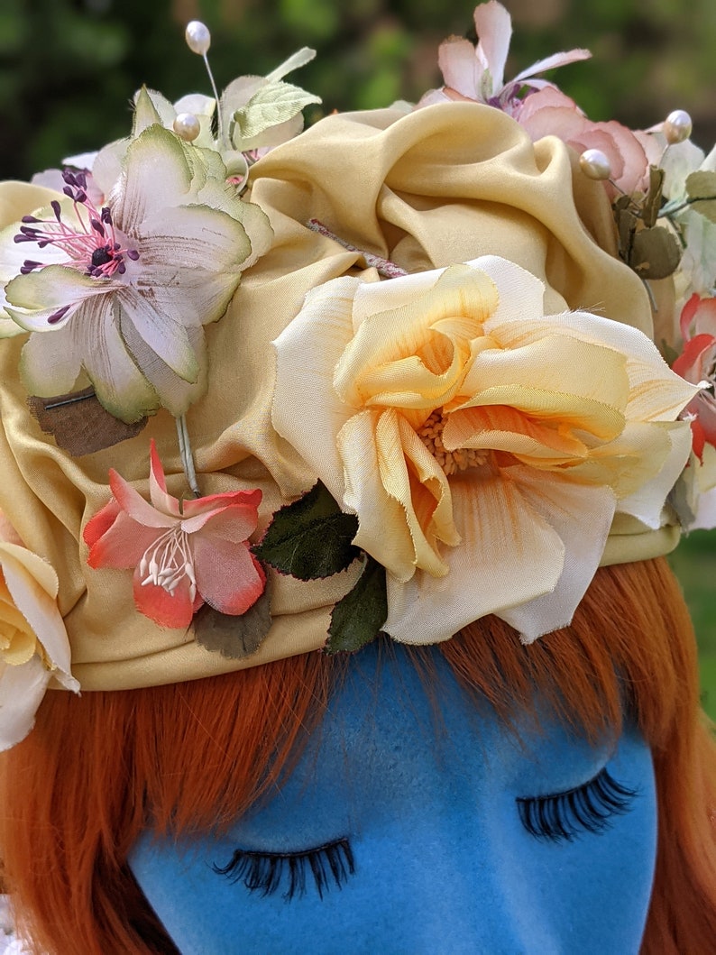 Fabulous Vintage 50s 60s Light Yellow Orange Green Flower Bucket Hat image 4