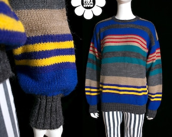 Suéter pulôver de lã grosso e quente, estilo vintage dos anos 80, nas cores azul, vermelho, amarelo, cinza e bege.