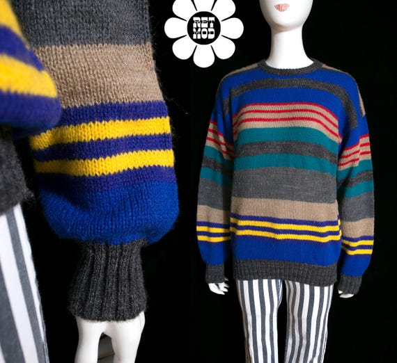 Chunky Warm Vintage 80s Blue Red Yellow Gray Beige Stripe Wool Pullover Sweater
