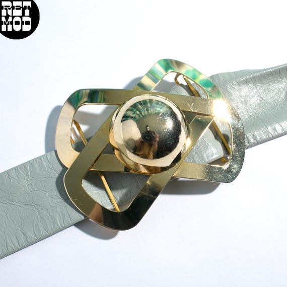 Vintage Leather Gold‎ and Silver Geometric Belt Vintage Alexis Kirk Tan Snakeskin Belt Gold Geometric Buckle  main image 4