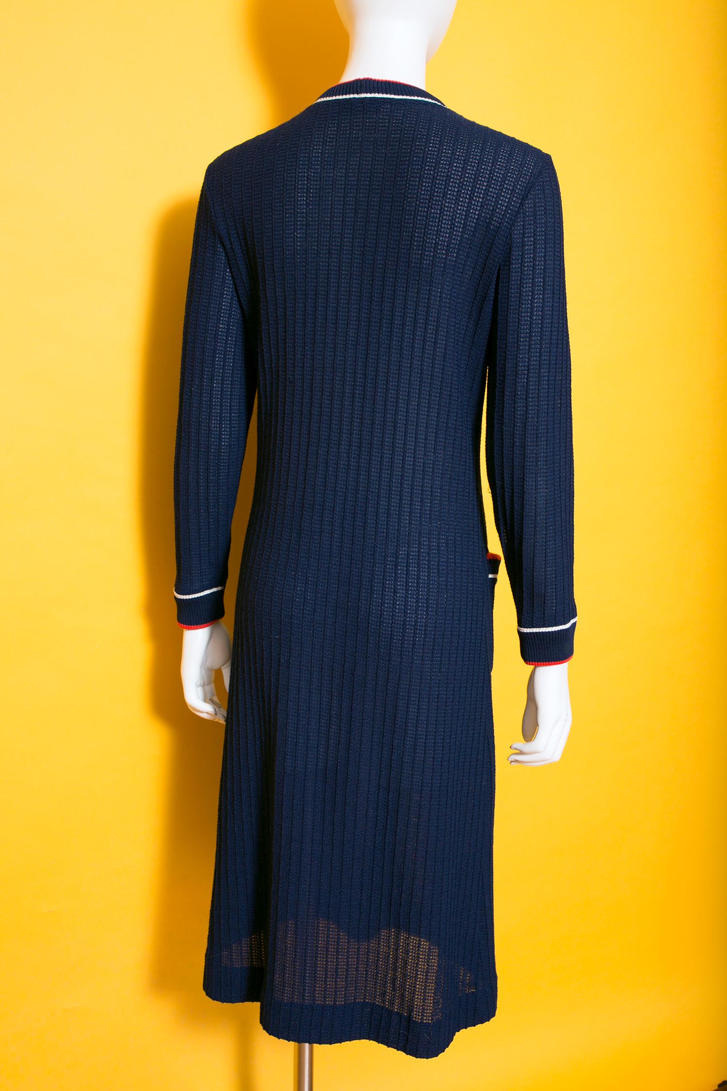 Chic Vintage 60s 70s Navy Blue Sweater Dress OR Long Cardigan with Red & White Trim by Butte Knit Chic Vintage 60s 70s Navy Blue Sweater Dress OR Long Cardigan with Red & White Trim by Butte Knit