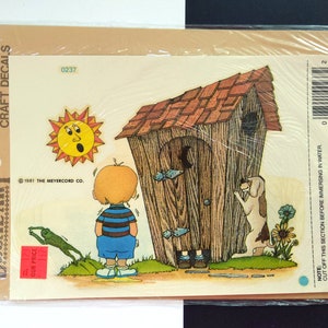 Adorable Vintage 70s 80s Boy, Dog, Frog & Outhouse Decal Art