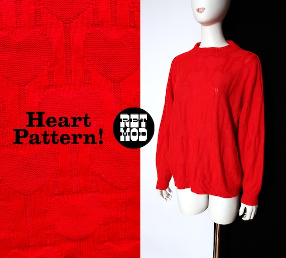 Plus Size Bright Red Heart Patterned Pullover Vin… - image 1