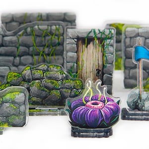 May include: A set of miniature dungeon tiles for tabletop role-playing games. The tiles feature stone walls with vines, a wooden door, and a purple flower with an eye in the centre.