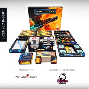 May include: A set of black and yellow game organizers for the board game "Evacuation: Vladimír Suchy". The organizers are made of wood and have a variety of compartments for storing the game's components. The organizers are designed to fit inside the game's box.
