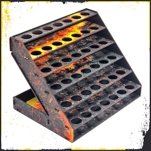 May include: A black wooden paint rack with a lava flow design. The rack has six shelves with 12 round holes on each shelf for holding paint bottles.