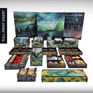 May include: A set of wooden game organizers for the board game "Sleeping Gods: Tides of Ruin" and "Sleeping Gods: Dungeons". The organizers are made of wood and have a green and brown color scheme. The organizers are designed to hold all of the game components, including cards, dice, and tokens.