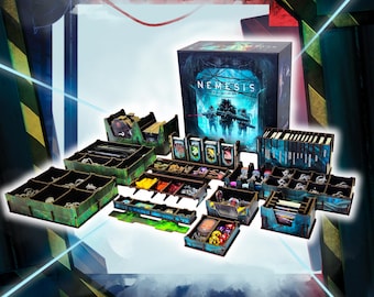 May include: A Nemesis board game box set featuring a dark blue and green color scheme with multiple black storage organizers. The set includes various compartments filled with small game pieces, cards, and tokens, all arranged in front of the main box.