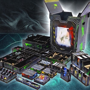 May include: A black and green tabletop gaming storage set. The set includes various boxes and trays with compartments for miniatures, cards, and other game components. The design features a sci-fi or futuristic theme with neon green accents and a detailed interior scene.