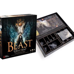 May include: A board game box set titled "BEAST Great Hunt" with a dark, fantasy-themed cover featuring a central figure and ornate design. The open box reveals game components, including cards and figurines.