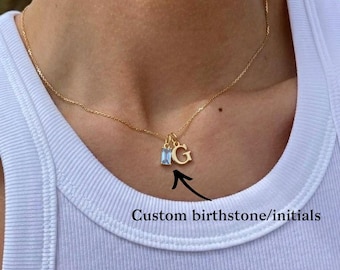 Personalized Birthstone & Initial Necklace-Custom Letter Charm Necklace in Gold or Silver -Birth Month Gemstone Gift for Her