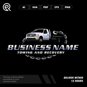 May include: A white tow truck with a black flatbed and a silver chain is featured in this logo. The words "BUSINESS NAME" and "TOWING AND RECOVERY" are displayed in silver text. The text "DELIVER WITHIN 12 HOURS" is also included.