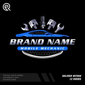 Puede incluir: Logotipo para un negocio de mecánico a domicilio. El diseño presenta un coche deportivo azul, pistones, una bujía y llaves inglesas sobre un fondo negro. Las palabras "BRAND NAME" y "MOBILE MECHANIC" se muestran.