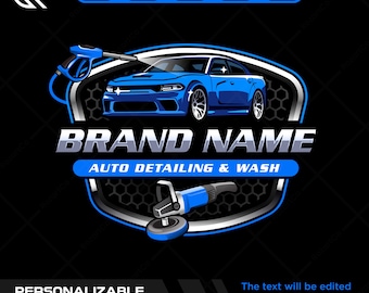 May include: A blue car wash logo design with a blue car, pressure washer, and buffer. The words "BRAND NAME" and "AUTO DETAILING & WASH" are displayed. The design includes the text "PERSONALIZABLE LOGO TEMPLATE".