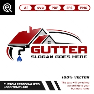 May include: A logo design featuring a house with a red roof and a gutter system. The word "GUTTER" is prominently displayed, along with the text "SLOGAN GOES HERE." Additional text includes "100% VECTOR" and "CUSTOM PERSONALIZED LOGO TEMPLATE."