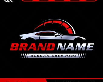 Puede incluir: Diseño de logotipo con silueta de coche deportivo plateado con gráfico de velocímetro rojo sobre fondo negro. El texto "BRAND NAME" es rojo y plateado, con "SLOGAN GOES HERE" debajo. Incluye opciones de cambio de color y edición de nombre comercial gratis.